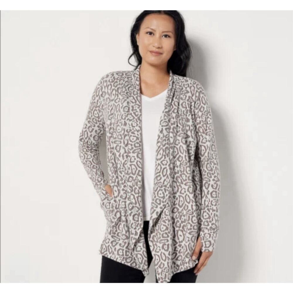 AnyBody Burnout French Terry Cardigan Drape Front Smokey Taupe Womens Large